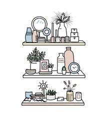 doodle elements. Home decor items in doodle style. Illustration of shelves with different interior items.
