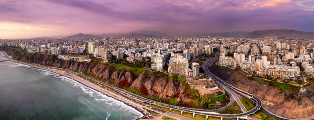 Lima, Peru along the coast also known as Circuito de Playas de la Costa Verde at a golden hour sunset