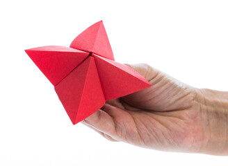 People hand holding a origami fortune on white background