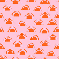 Orange sun with pink background seamless pattern.