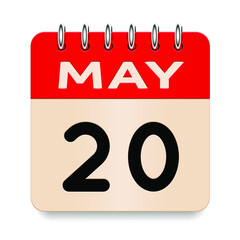 20 day of the month. May. Flip old formal calendar. 3d daily icon. Date. Week Sunday, Monday, Tuesday, Wednesday, Thursday, Friday, Saturday. Cut paper. White background. Vector illustration. 