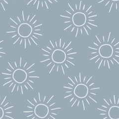 Grey seamless pattern with grey outline sun.