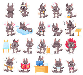 Happy wolf doing different actions cartoon illustration set. Cute predator with various face expressions, sleeping, eating, cleaning and reading on white background. Wildlife animal concept