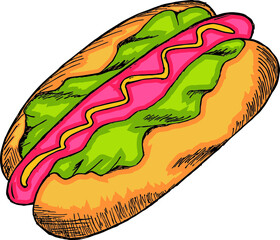 Hot dog Fast food Illustration, digital art , restaurant artwork. Tasty junk food. Meet drawing. Hand draw.
Vector Modern sketch style