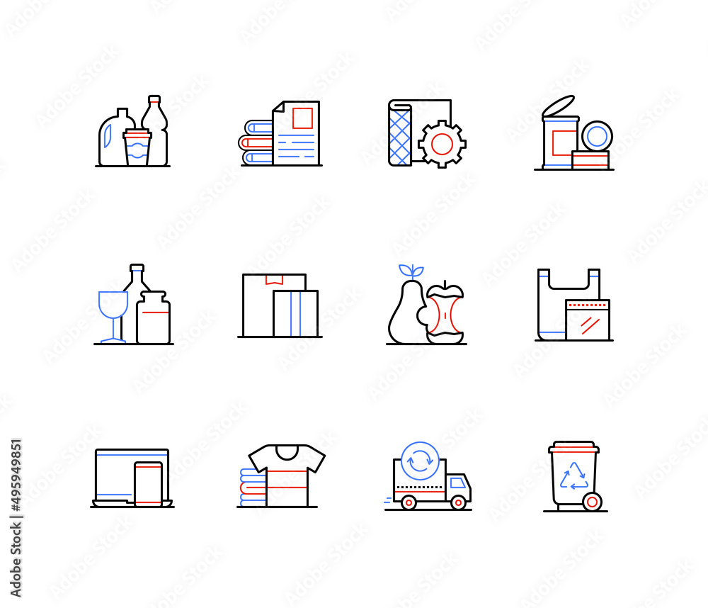 Poster waste types and sorting - line design style icons