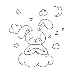 Cute outline rabbit, bunny for coloring. Rabbit Bunny Cartoon Outline Coloring Book or page for kids. Happy Easter in doodle style. Illustration Vector.