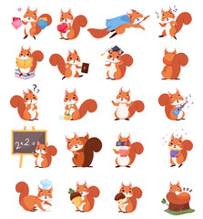 Cute little squirrel in different poses cartoon illustration set. Funny rodent with furry tail reading book, hugging acorn, sleeping on tree, celebrating. Wildlife animal, forest concept - obrazy, fototapety, plakaty