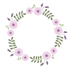 Circle frame with pink flowers. Floral wreath. Suitable for invitations to events and weddings and greeting cards