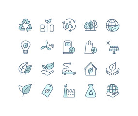 Ecology and Environment related line icon set. Nature and Renewable Energy simple symbol. Contains such as Environment, Eco, Alternative Power, Recycle, Water Drop and more