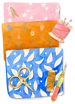 watercolor fabric rolls sewing tools clip art preview