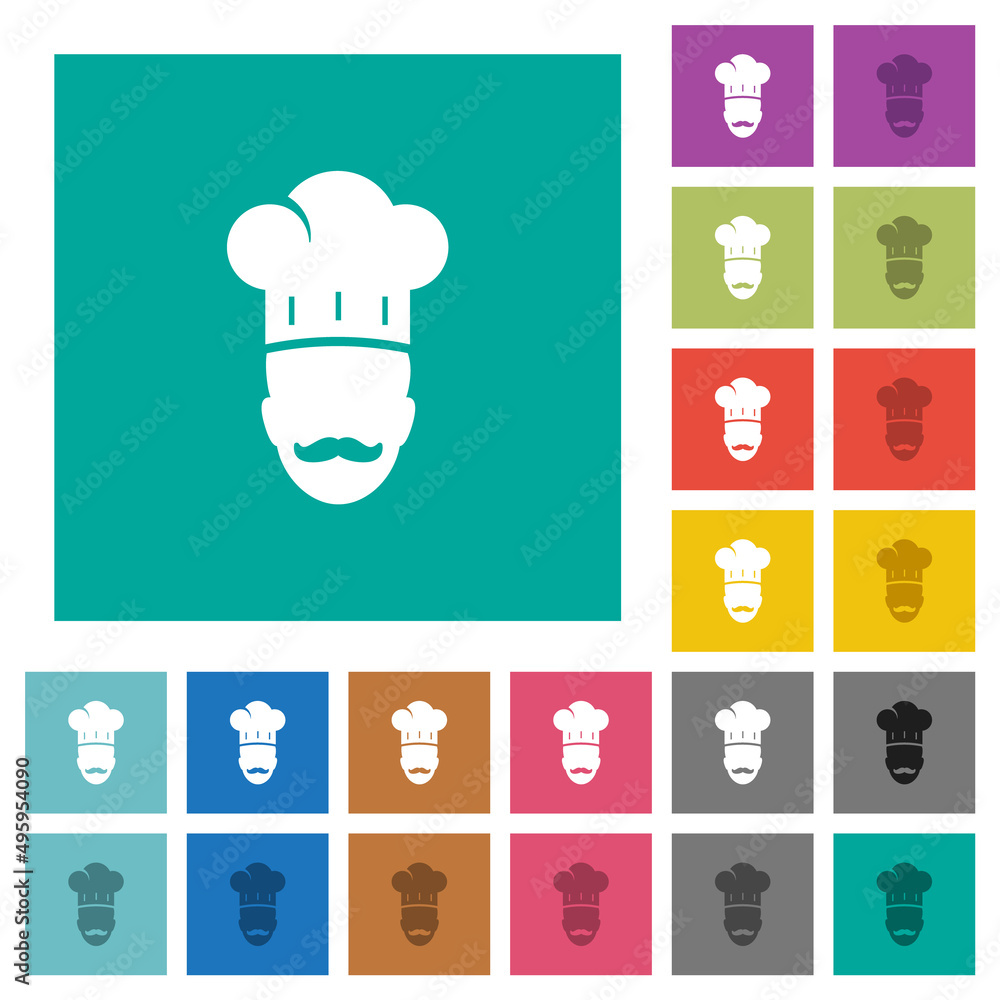 Poster master chef with mustache square flat multi colored icons