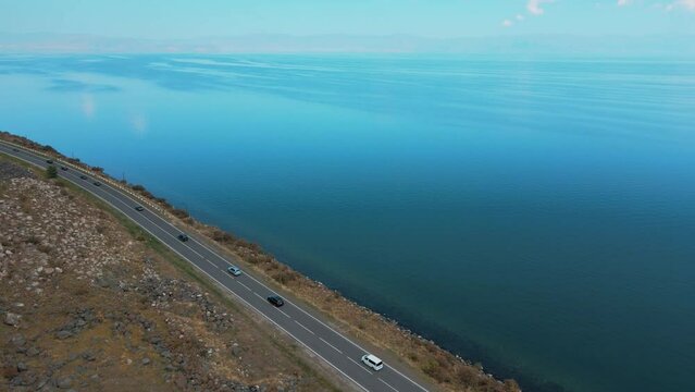 Road near Lake Sevan in Armenia, from a bird's eye view