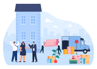 Happy cartoon people moving into new home. Movers carrying furniture and boxes from truck to new house flat vector illustration. Relocation or moving, transportation concept for banner or landing page