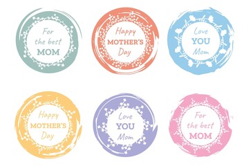 Happy mother's day. A set of circle brush strokes, hand drawn frame with a wreath of flowers and an inscription. Vector illustration