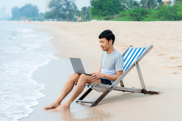 surfing laptop, notebook, laptop to visit Video Calling to talk colleagues to solve the problems of...