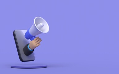 3d megaphone background on very peri hand out of phone advertising concept