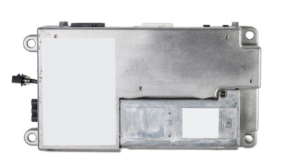 Metal car engine control unit with metal elements on a white isolated background is the connecting center of various subsystems, units and assemblies. Monitoring the state of the moment. Spare part.