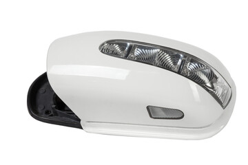 Close-up on a side mirror from a car with turn signal repeaters for repair and replacement after an...