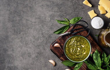 Fototapeta na wymiar Pesto sauce and ingredients. Italian green basil pesto in a gravy boat garnished with pine nuts. Layout on gray kitchen table with copy space