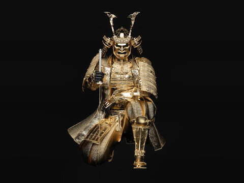 A samurai sits on one knee, wearing golden armor on dark background. 3D illustration.