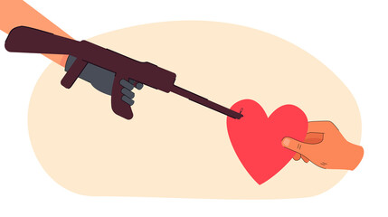Hand threatening with gun to hand holding heart. Soldier or terrorist pointing weapon at innocent person flat vector illustration. Violence, love, crime, conflict concept for banner or landing page