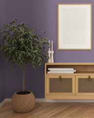 Wooden frame mockup, close up of cozy wooden living room in purple tones, lounge furniture, rattan commode with potted plant. Herringbone parquet. Scandinavian modern interior design
