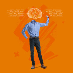 Contemporary art collage. Male body in official cloth with artificial brain scheme isolated over...