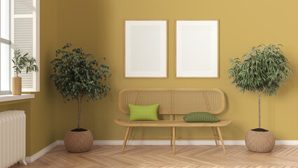 Frame mockup, modern wooden living room in yellow tones, lounge, waiting room with rattan sofa, potted plants. Herringbone parquet, window with shutters. Scandinavian interior design