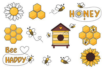 Honey icons set. Honey set. Flat set of honey vector icons. Collection of beekeeping. Cartoon apiary set. Illustration of bees, beehive and honeycombs. Vector drawing of honey for children.