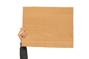 Posters of cardboard in his hands. Isolated on white. Copy space. - obrazy, fototapety, plakaty