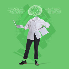 Contemporay art collage. Female businesswoman silhouette with laptop and gital brain scheme...