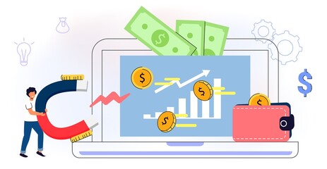 Monetization concept Flat tiny persons vector illustration Online e-commerce marketer analyzing blog content and generating income with ad placements and sponsor partnerships Monetize data services