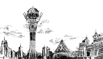 Astana city landmark Kazakhstan silhouette outline sketch drawing. Vector illustration - obrazy, fototapety, plakaty