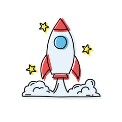 Hand drawn rocket launch illustration with stars and smoke