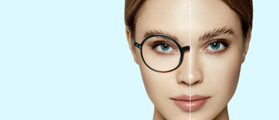 Laser vision correction. Woman face with and without glasses on blue background showing vision correction concept using eyeglasses - obrazy, fototapety, plakaty