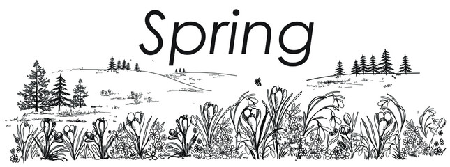 Mountains, spring landscape, doodle.