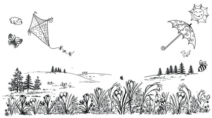 Mountains, spring landscape, doodle.