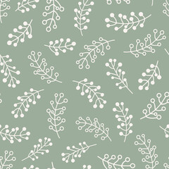 Simple doodled botanical plants seamless repeat pattern. Random placed, vector berry branches leaves all over print on sage green background. 