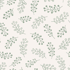 Sage green, simple doodled botanical seamless repeat pattern. Random placed, vector berry branches leaves all over print on white background. 