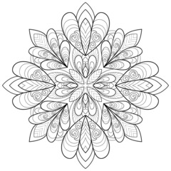 Decorative mandala with floral patterns and vintage elements on a white isolated background. For coloring book pages.