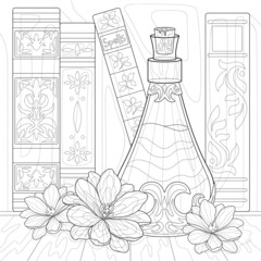 Vial of potion, three flowers, magic books with simple floral patterns on a covers, wooden table. Mystery illustration on a white isolated background. Suit for coloring book.