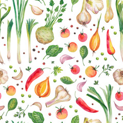 A hand-drawn illustration of a raw food diet. Seamless pattern made with watercolor vegetables. A set of organic products. Leek, herbs, garlic, hot pepper, tomato, celery root on a white background.