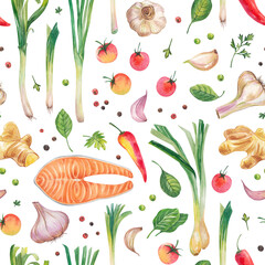 Watercolor illustration of the Mediterranean diet. Seamless pattern on a white background. Set of vegetables: tomatoes, salmon, shrimp, garlic, asparagus, hot pepper, ginger. Fresh organic food.