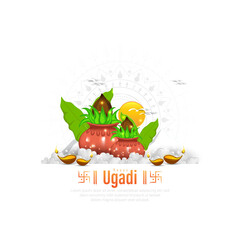 Happy Ugadi Greeting Card Background With Kalash.