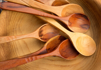 Russian traditional wooden products. Hardwood spoon. Handmade.  Wooden texture.. Russian folk craft