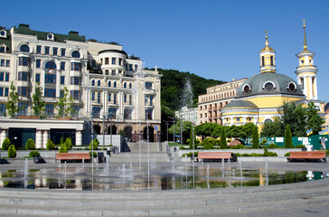 beaitiful summer square with fountains in the city kyiv in ukraine