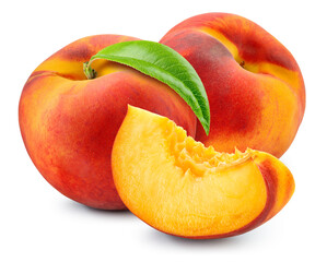 Peach isolated. Two peaches with a slice on white background. Peach fruit with leaf cut out. With clipping path. Full depth of field.