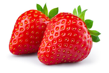 Strawberries isolated. Strawberry with leaf on white background. Two whole strawberries with clipping path. Side view. Full depth of field.