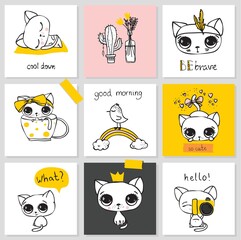 Vector doodle cats illustrations and kitten quotes. Cartoon animals. Cute kitty in sketch style for t-shirt print, cards, poster. Kids animals series.