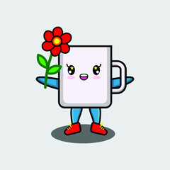Cute cartoon mug character holding red flower in concept 3d cartoon style